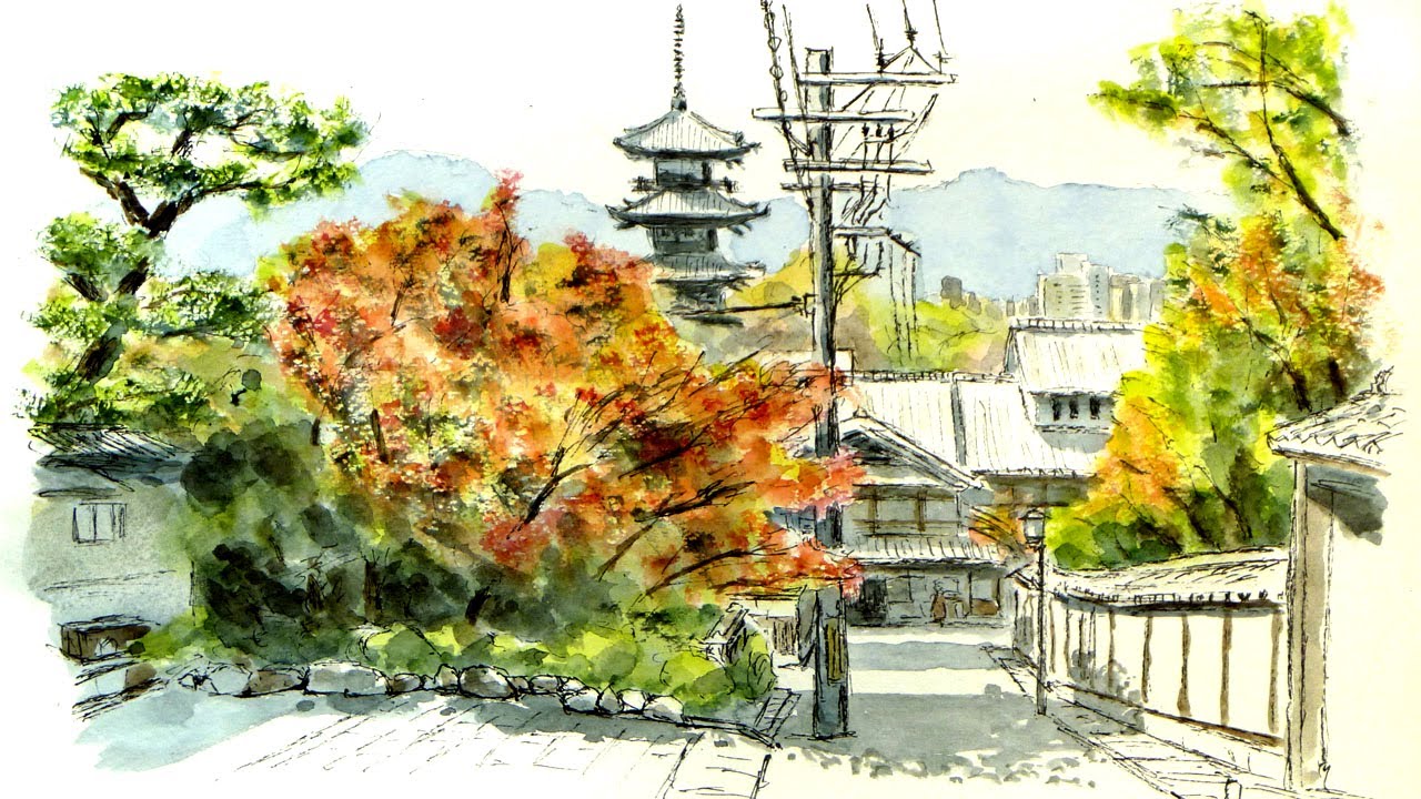 水彩画・風景画・紅葉'長野県のある秋の風景 水彩画・風景画・紅葉'長野