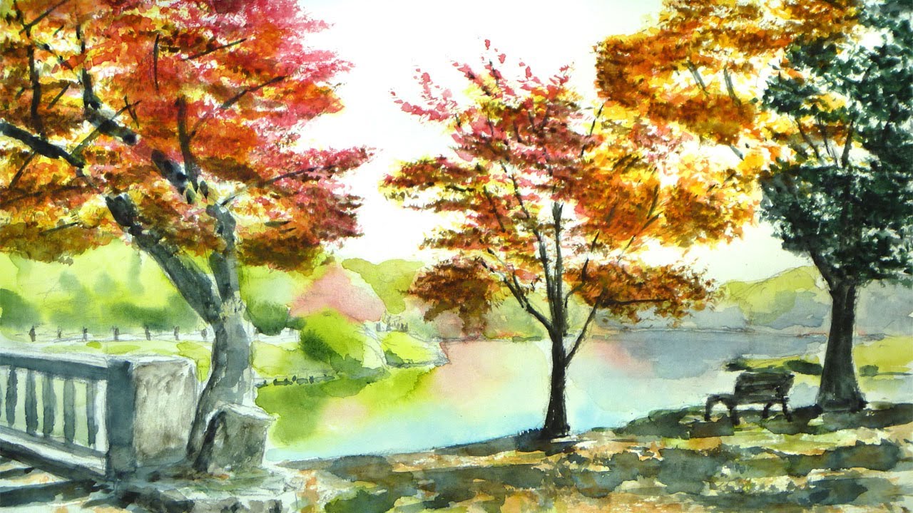 水彩画 親子の公園散歩 風景画 Old pine tree