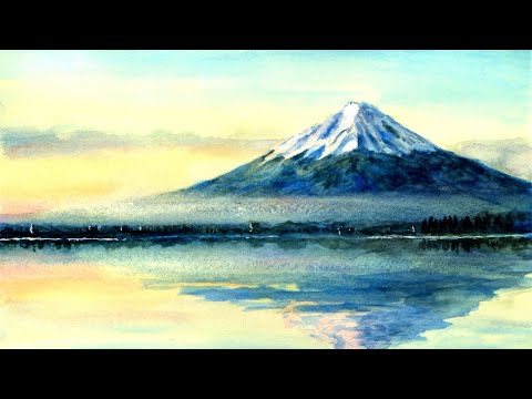 水彩画[逆さ富士] 富士山と河口湖 【透明水彩風景画】 Mt. fuji and