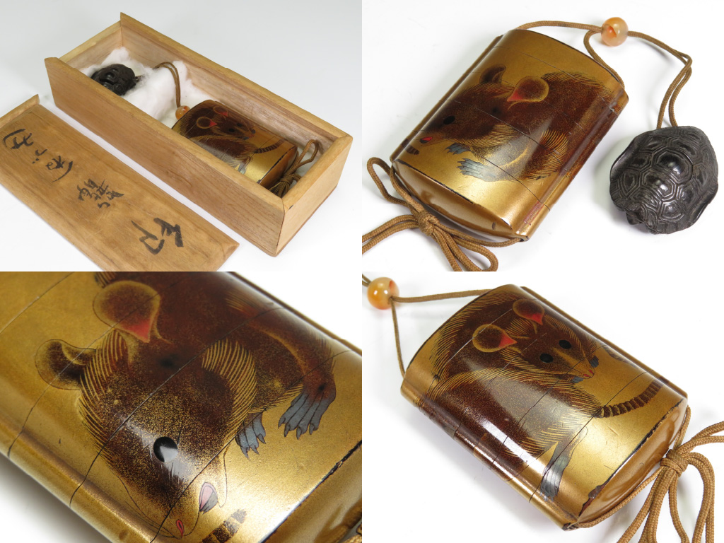 印籠と根付けの3点セット 時代 極上根付、印籠セット 111g 東Y8-0109