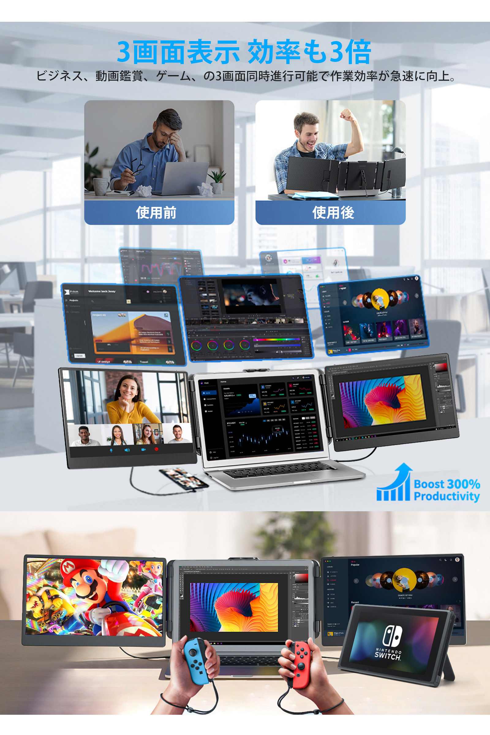 楽天市場】MIXFUN トリプルモニター モバイルモニター 14インチ