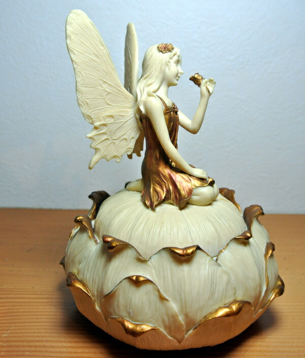 中古 ほおづえ 妖精 天使 少女像 金色の羽 大理石風の台 ほおづえ 妖精
