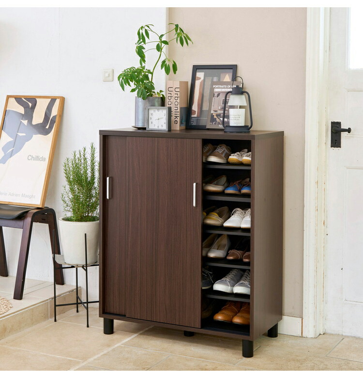 下駄箱 シューズボックス 幅81cm 高さ99cm ナチュラルブラウン 引き戸