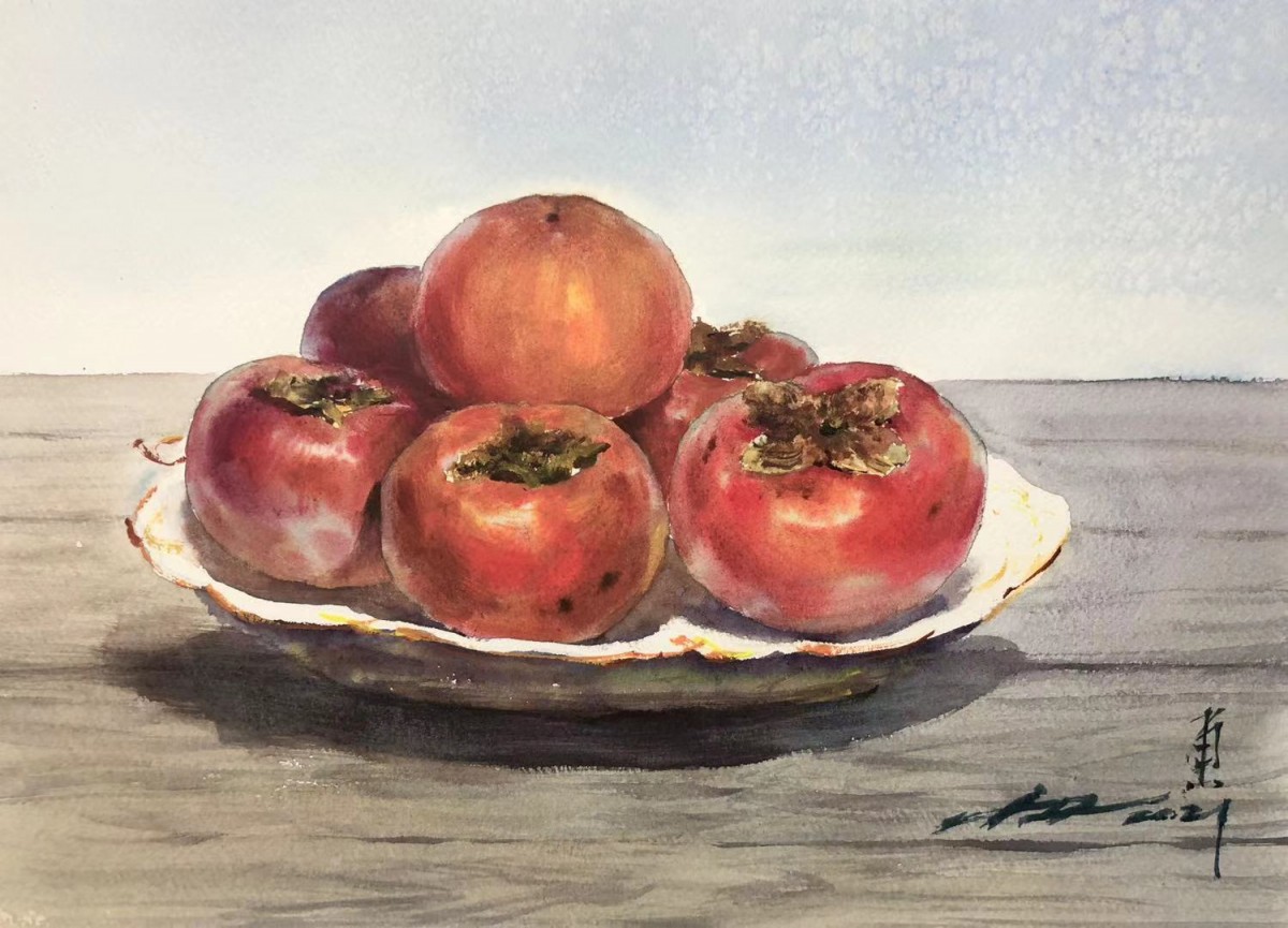 水彩画「柿みのるころー白壁土蔵」