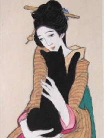 竹久夢二 黒猫を抱く女性 日本画 木製フレーム付き 湘南ねこ美術館