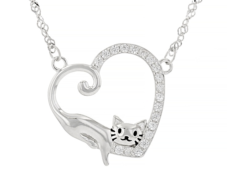 White Zircon Rhodium Over Sterling Silver Cat Necklace 0.44ctw