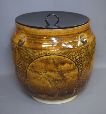 大樋長楽造 飴釉 耳付 瓢形 水指 茶道具 共箱 大樋焼 704 大樋長楽造