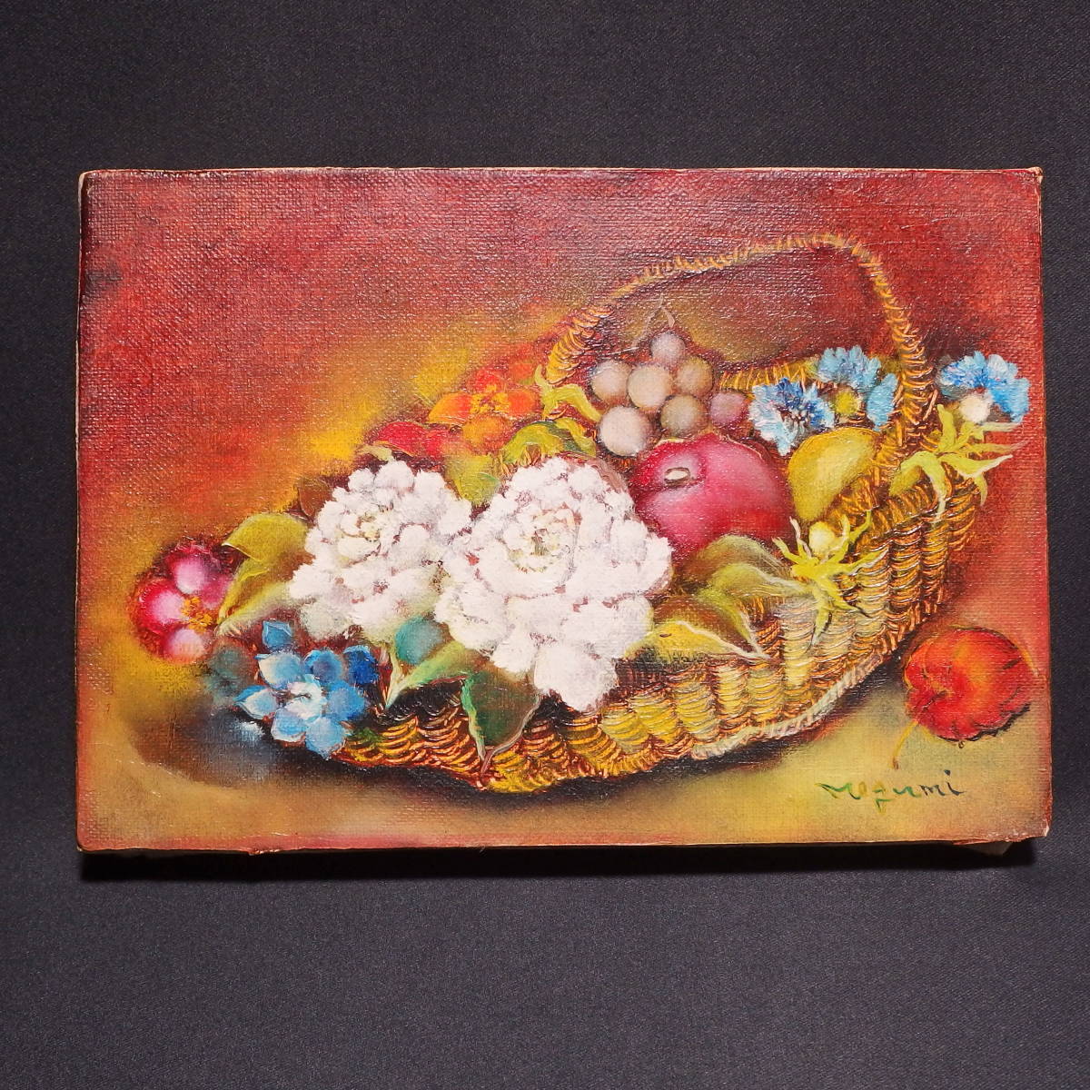 アンティーク】額装 額縁 小林恵 F4号 静物画 果物と花 油絵 油彩画