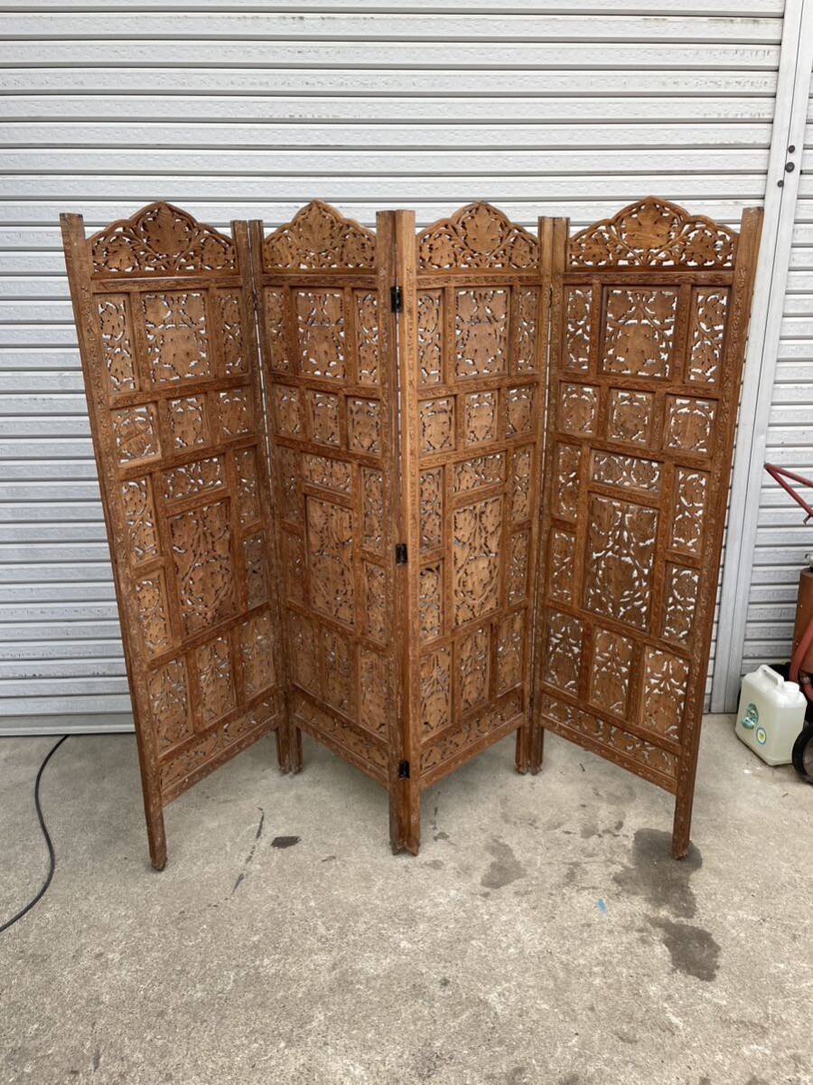 古い竹簾屏風 衝立 パーテーション 四連 透かし彫り 古道具 【公式通販】