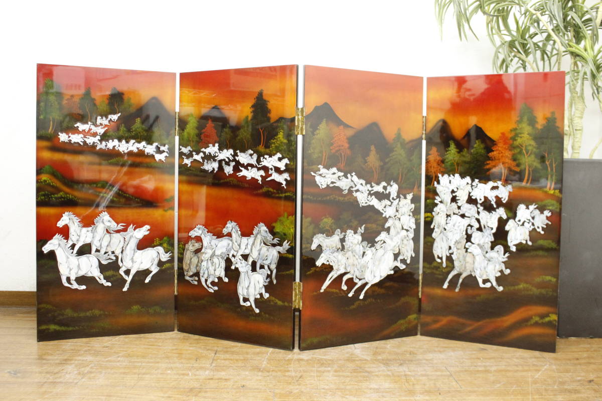 螺鈿細工 2つ折り屏風 高さ120.5cm 漆塗り パーテーション 仕切り