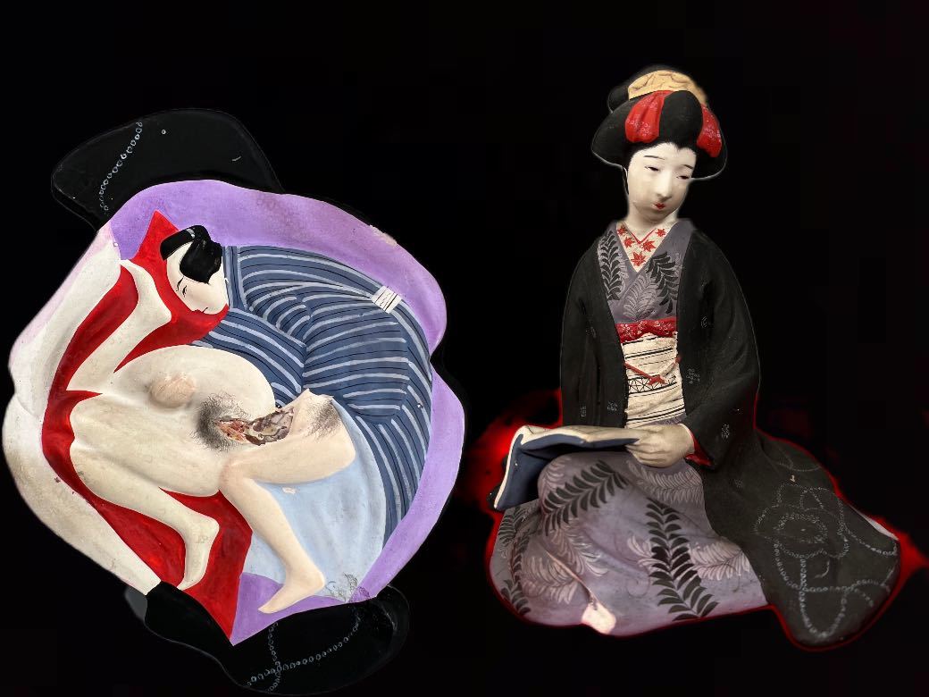 時代物 裏絵春画人形 布袋 七福神 花魁風 枕絵 浮世絵 着物美人 古美術品