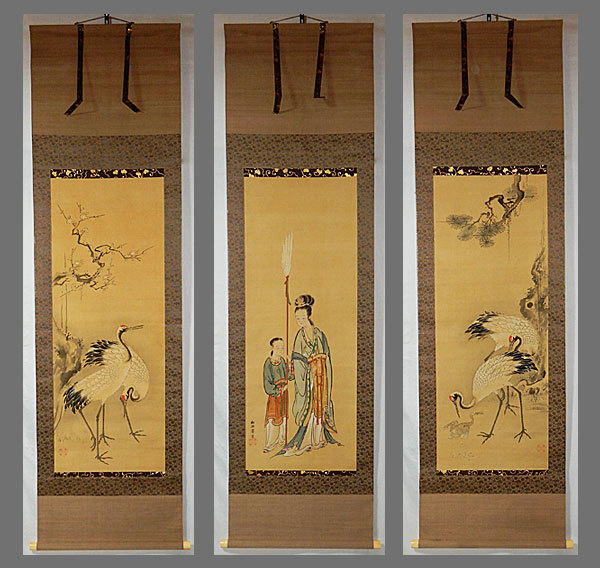 真作/狩野探幽/成道、鳩、芙蓉図/三幅対/極札/花鳥図/掛軸名家伝来