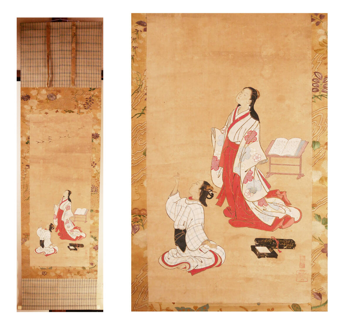 掛け軸 絹本［美人図］肉筆 木箱無し！ 掛け軸 源 閑山［美人図］絹本