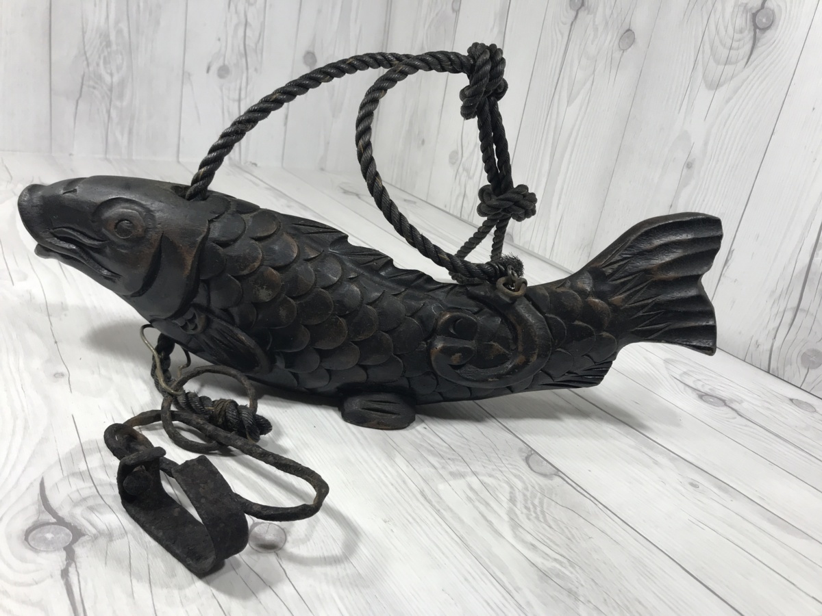 古民具 囲炉裏 炉鍵 魚 鯉 木彫 自在鉤 時代物 自在鉤 囲炉裏 竹 木彫り 黒