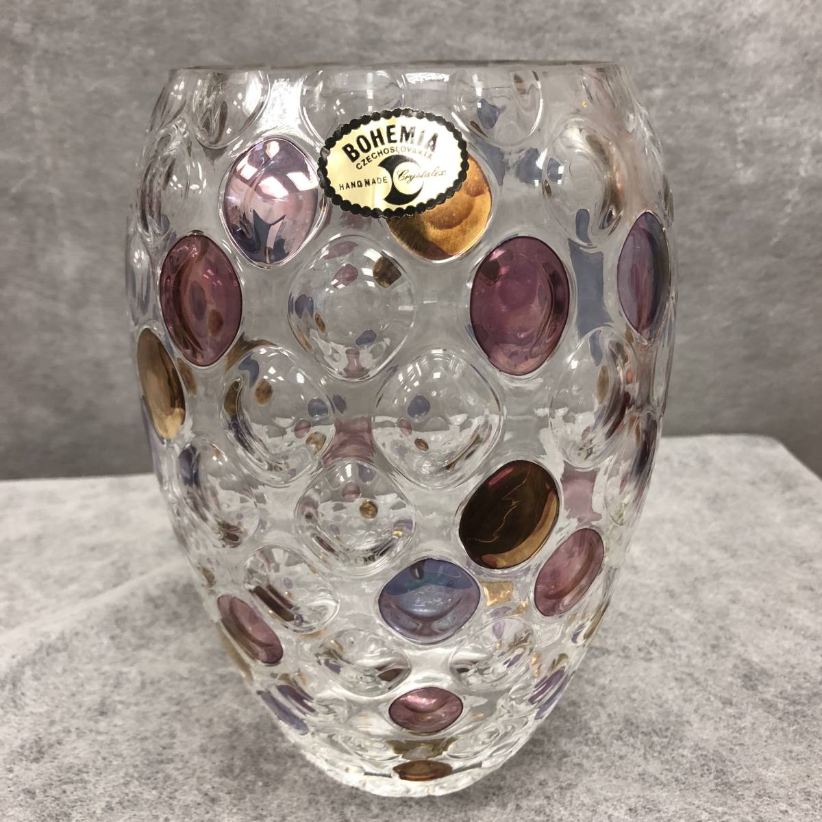 ボヘミアガラス チェコ製 花瓶 草花模様 箱付き ボヘミアングラス 花瓶