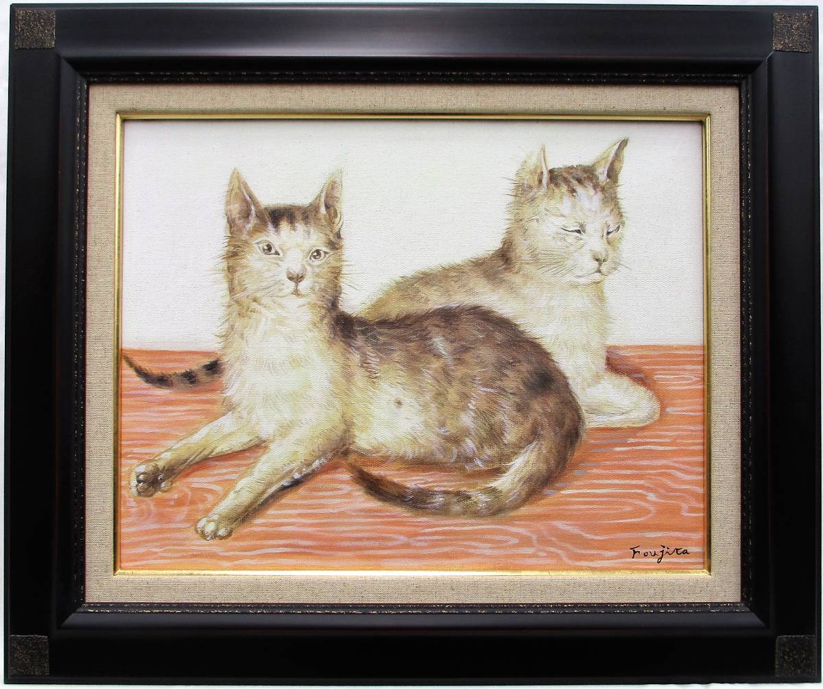 模写】絵画 藤田嗣治 アクリル画 乳白色の裸婦と猫のいる幻想的構図