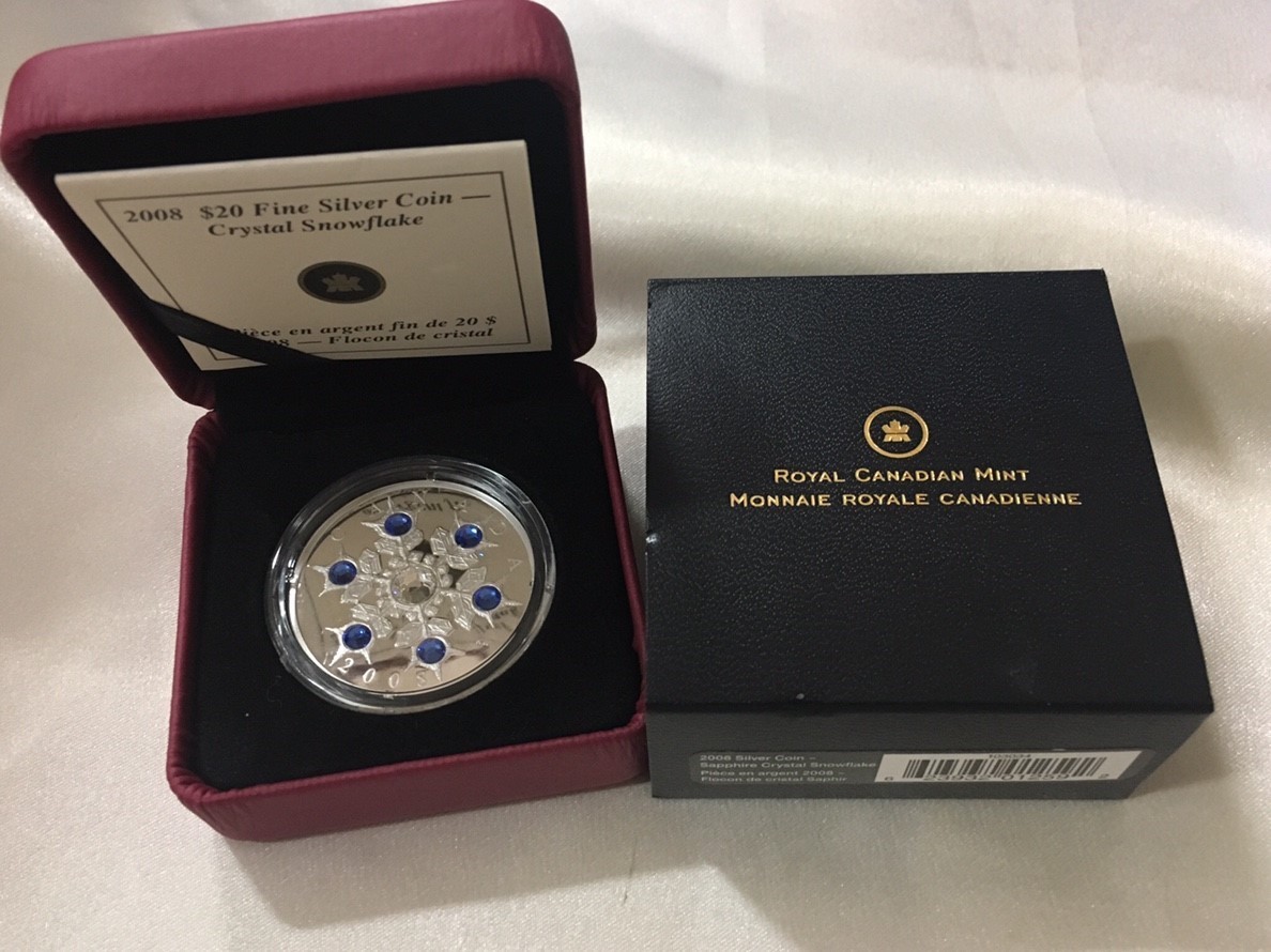 カナダ銀貨「スノーフレーク」サファイアの青色スワロフスキー 銀貨