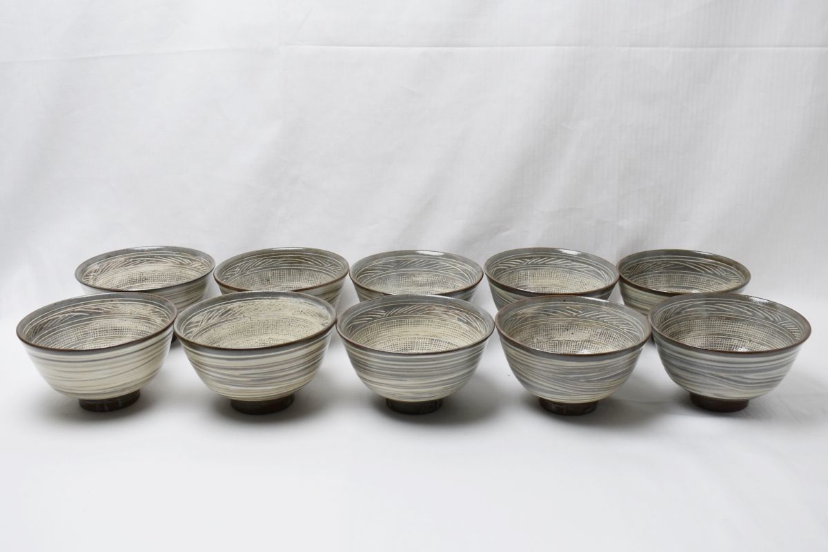 菰山窯 宮田豊 作 三島数茶碗10客 共箱 茶道具 : 抹茶数
