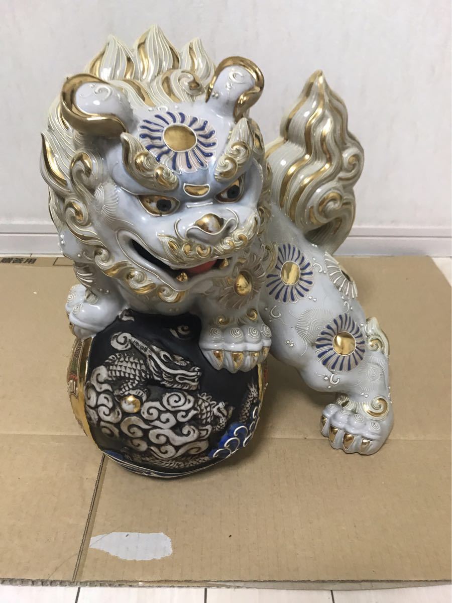 希少・良品】九谷焼 狛犬 シルバー/銀色 玉乗り獅子/シーサー 魔除け