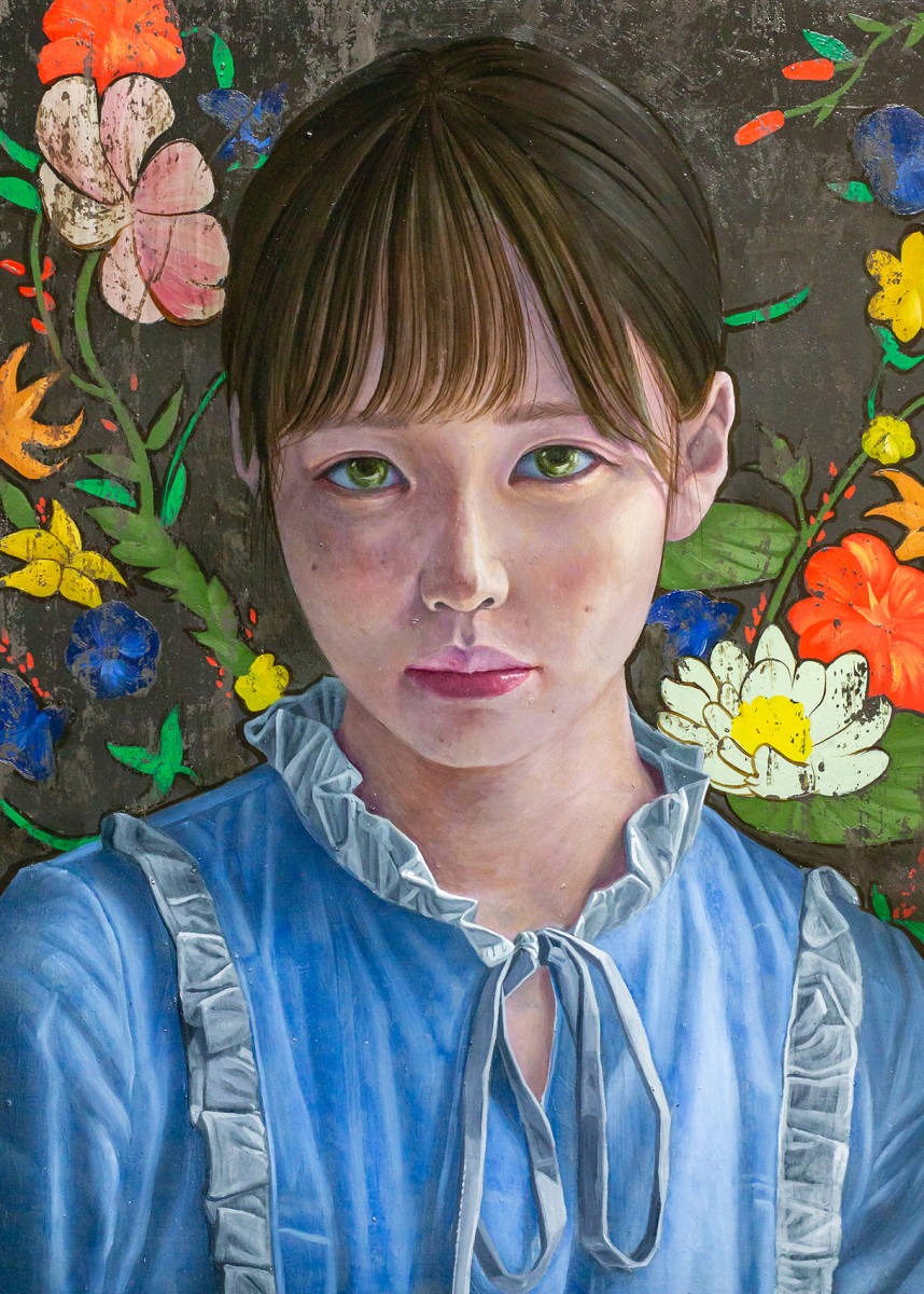 絵画 油彩画 少女 茅原佳介 「花」 絵画 油彩画 少女 茅原佳介 「花