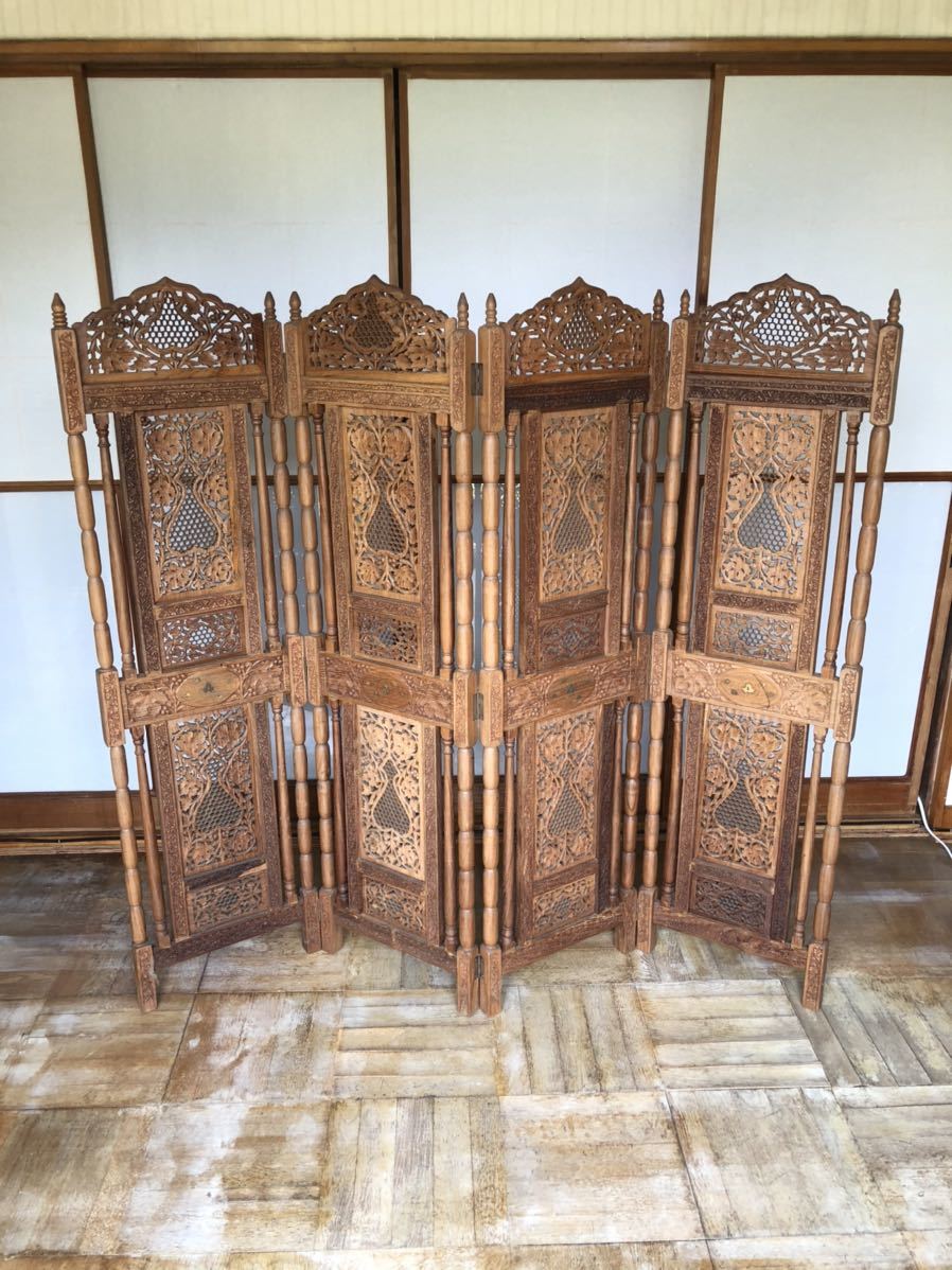 4連 折り畳み 木製衝立 木彫り パーテーション アンティーク (4322)