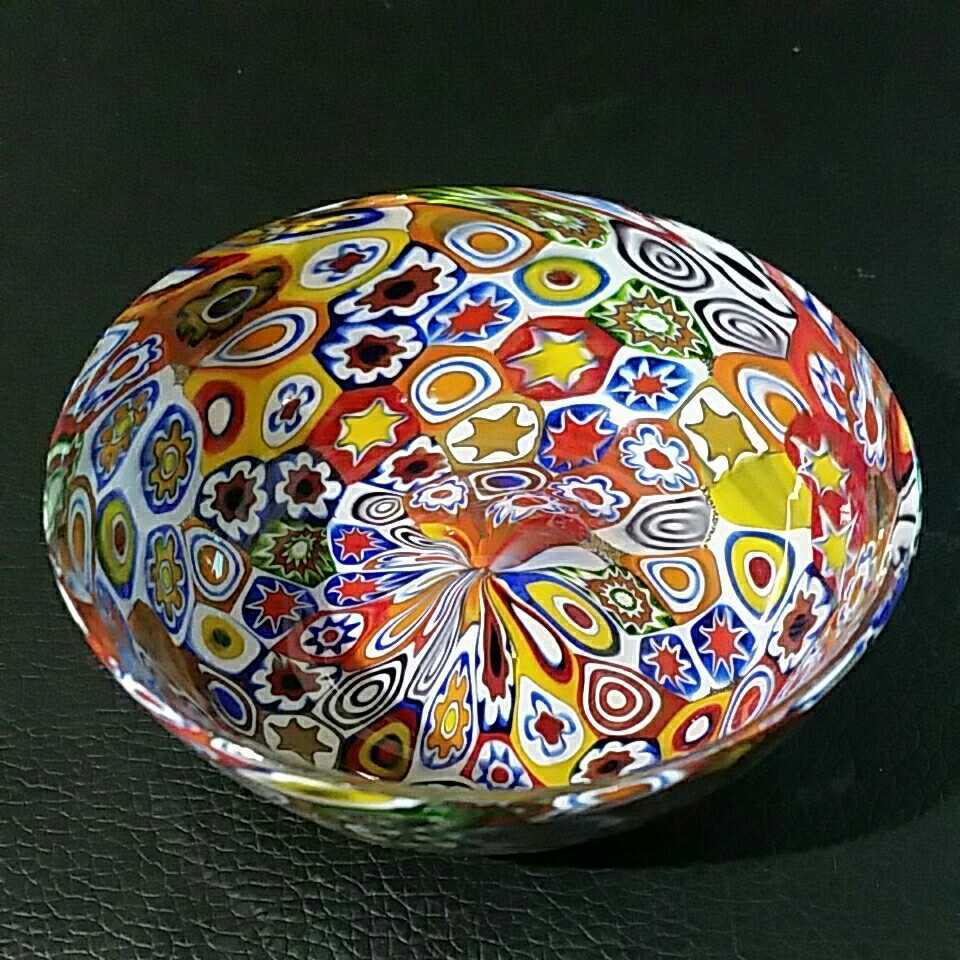 MURANO】ITALY☆ムラノ 水色 レッド ミルフィオリ プレート 角皿