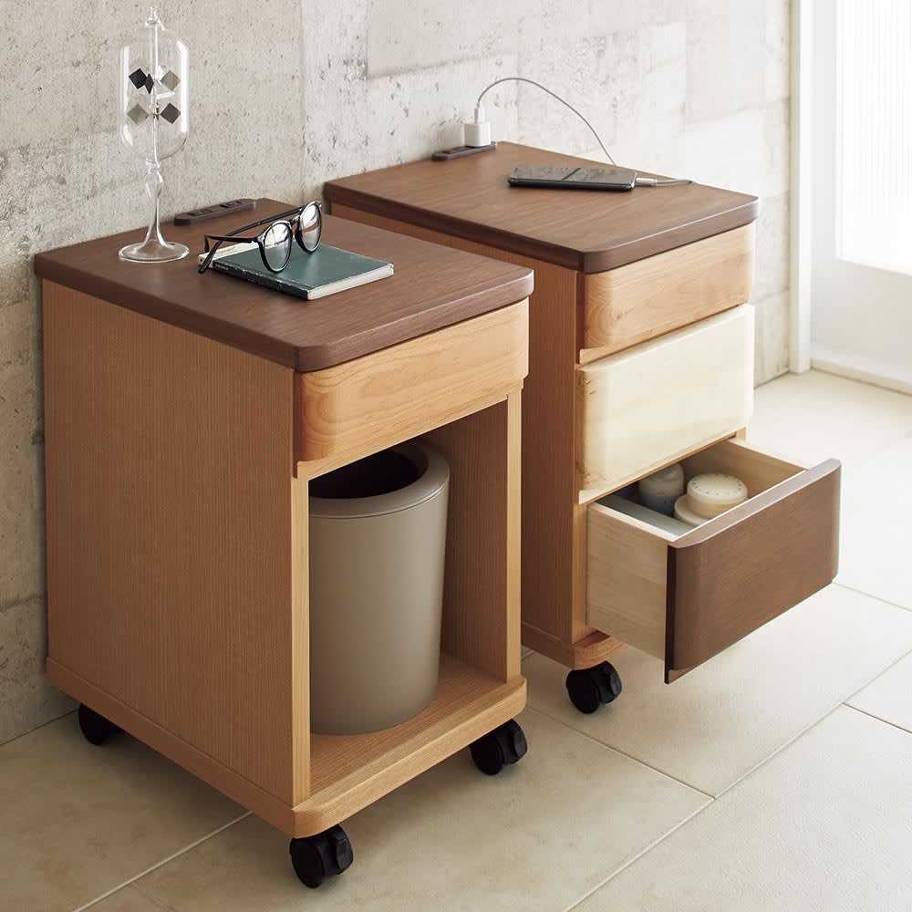 美品】無印良品 タモ材サイドテーブル 便利な引き出し付き / MUJI 木製