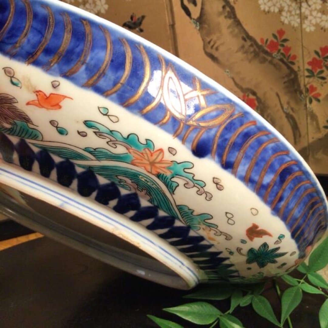 古伊万里 極上金蘭手 窓絵 熨斗に蝶 菊に銀杏 波桜紋様