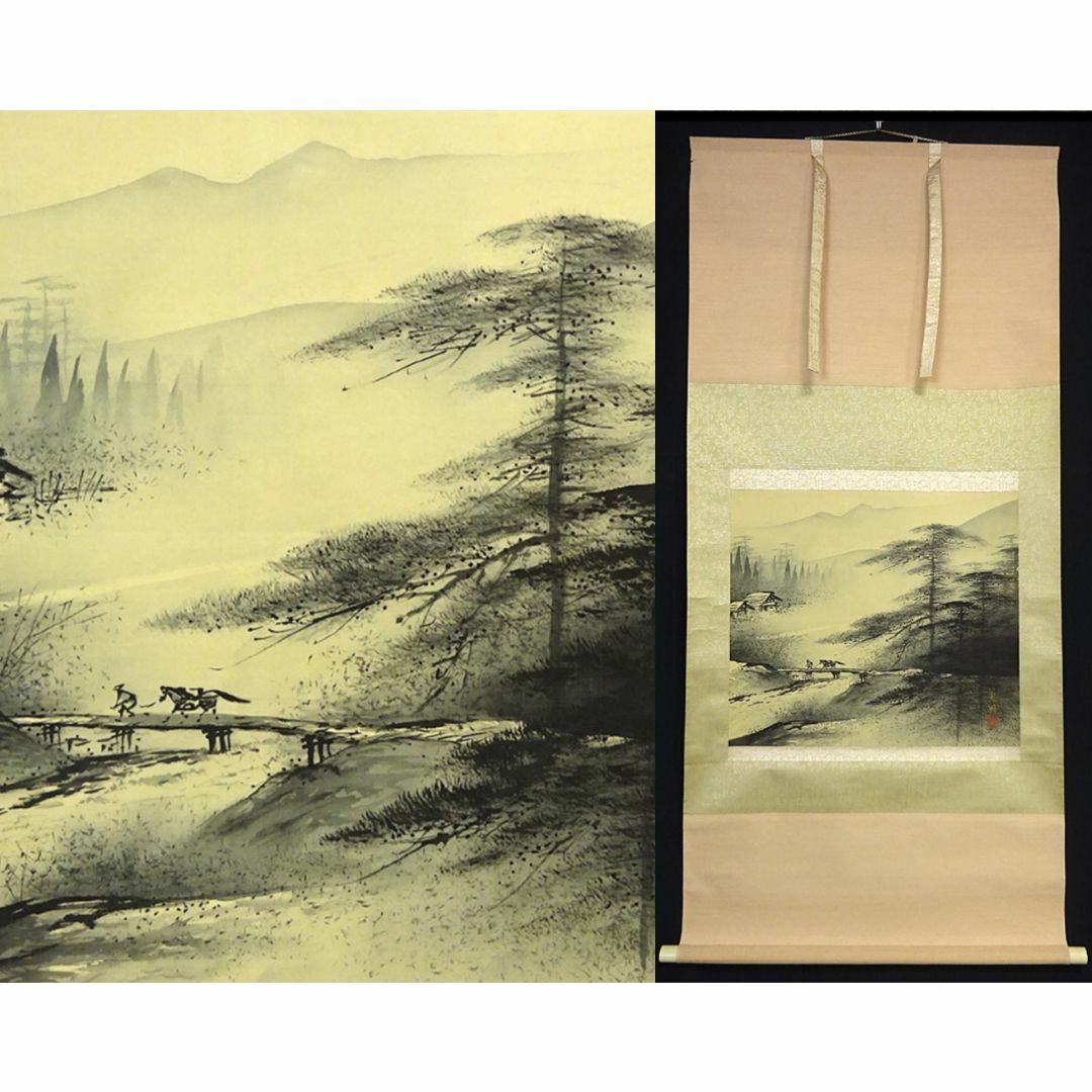 狩野周信 絹本水墨画双幅 【 恵比寿大黒 宝舟図 】 桐箱 タトウ箱 586