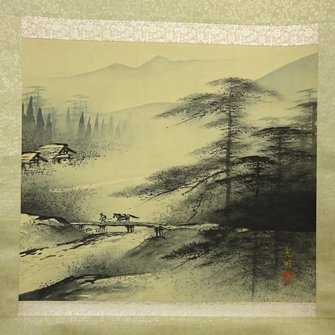 掛軸 狩野芳崖 鶴之図 年中掛け 木箱つき 日本画 日本掛軸