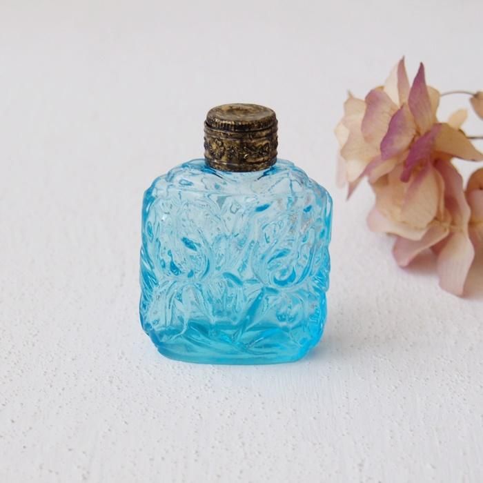 フランス クリアブルーガラス フラワー ミニパフュームボトル 香水瓶