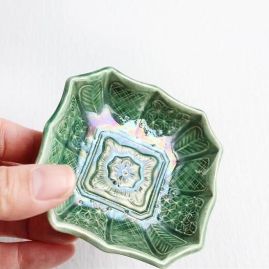 阿波 淡路島 珉平焼 網代模様に蔦 角豆皿 手塩皿6客 青 骨董 阿波