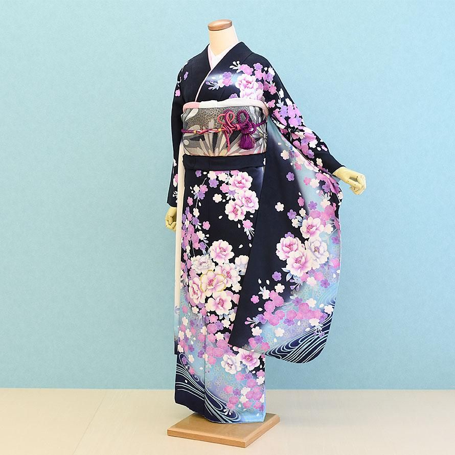 成人式振袖レンタル（FS0265）紺×白/花柄・花 - 東京レンタルいしょう
