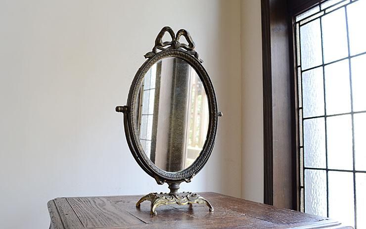 アンティーク 真鍮製 リボンモチーフ卓上ミラー｜アンティーク雑貨