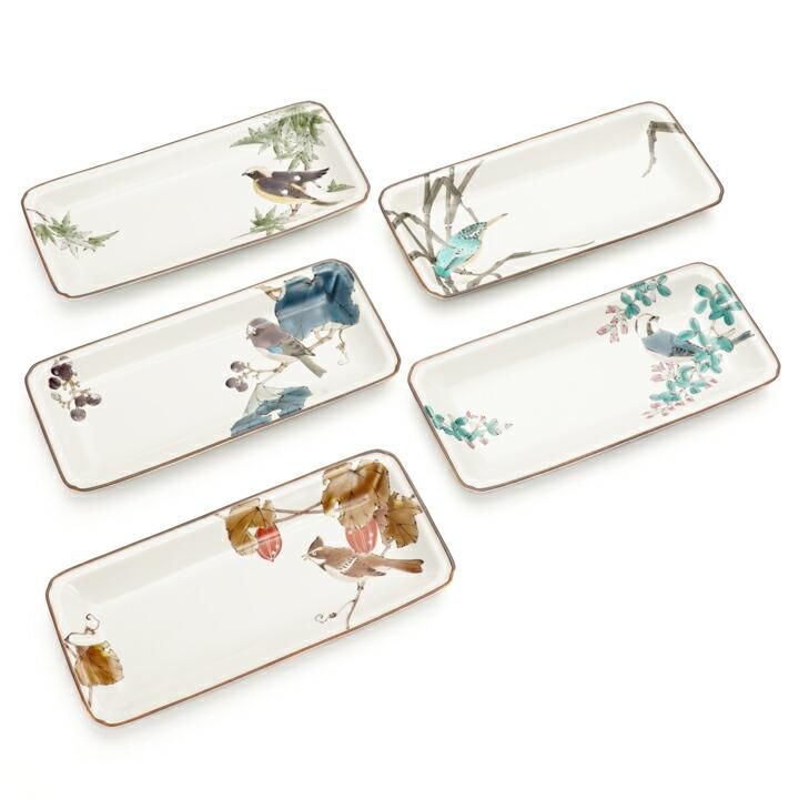 8号長皿 長角皿 草花鳥絵変わり 絵違い5枚セット / 山田義明