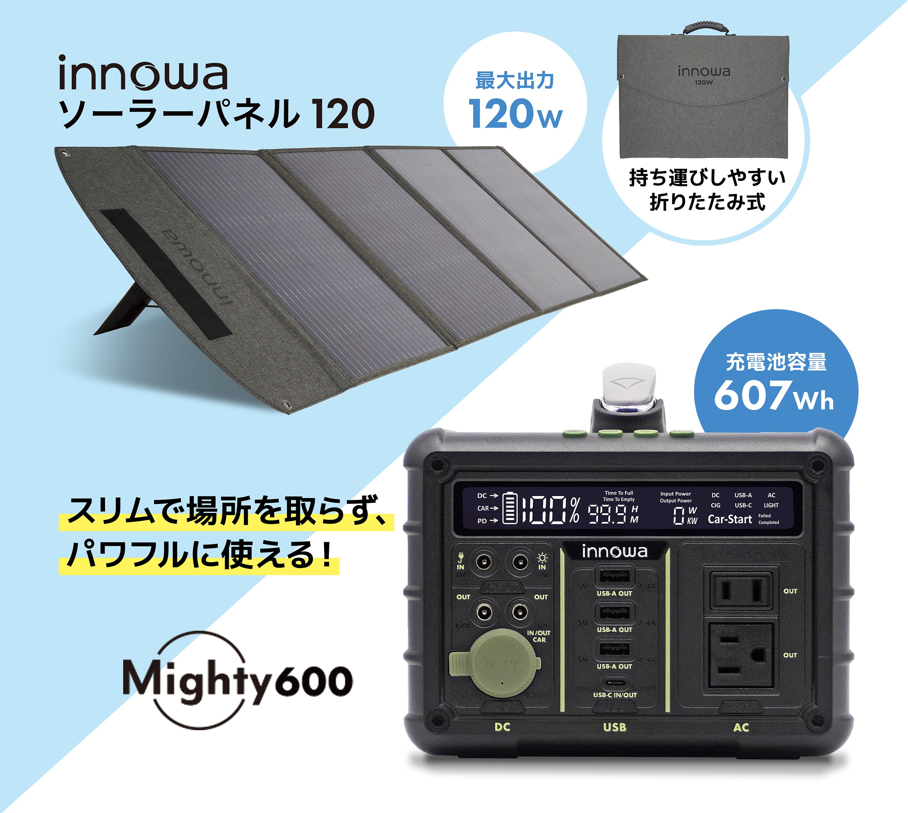 セット】innowa ポータブル電源 Mighty 600 & ソーラーパネル120