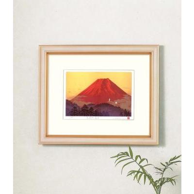 吉岡浩太郎 開運 風水版画-富士山飛鶴赤富士(つるとあかふじ)シルク