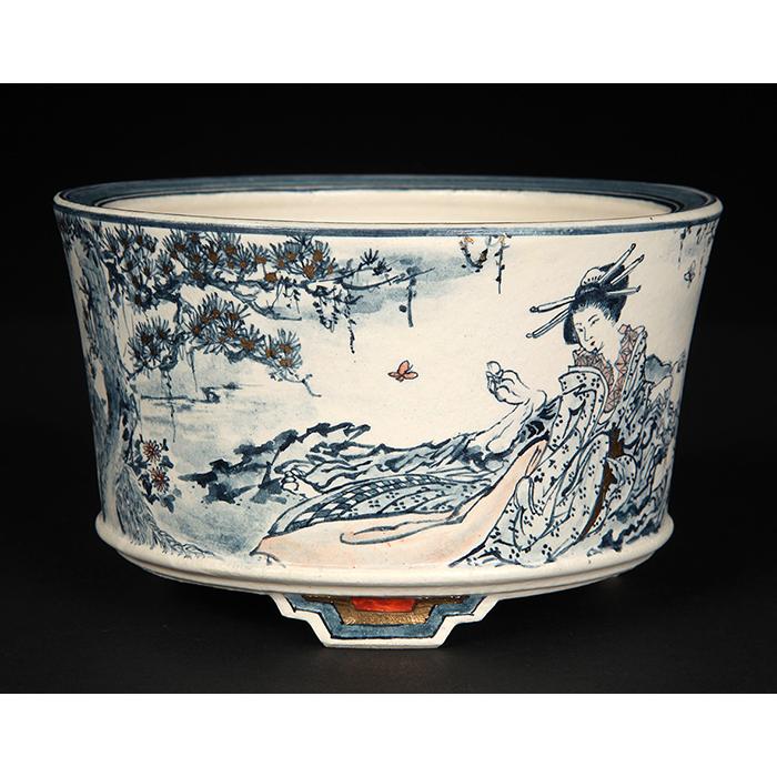 七代渋草柳造染付美人図丸鉢 盆栽鉢 鉢 植木鉢 盆器 作家鉢 bonsaipot