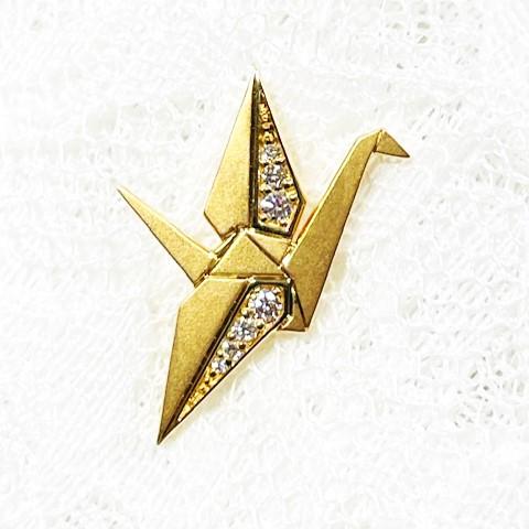 K18 折り鶴モチーフダイヤモンドピンブローチ