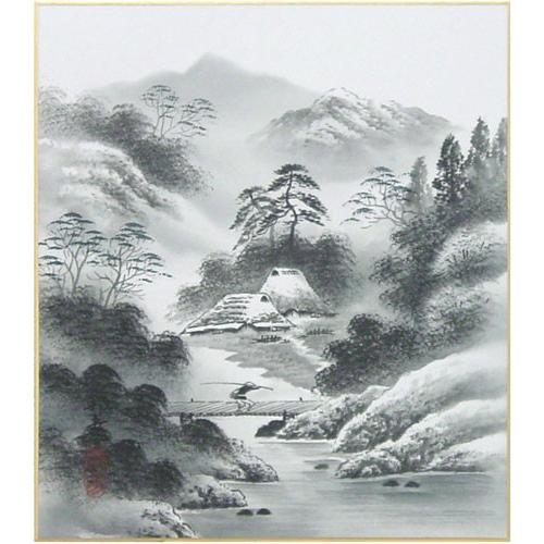 水墨画 シルク製 山水画 松の木 水墨画 シルク製 山水画 松の木 山