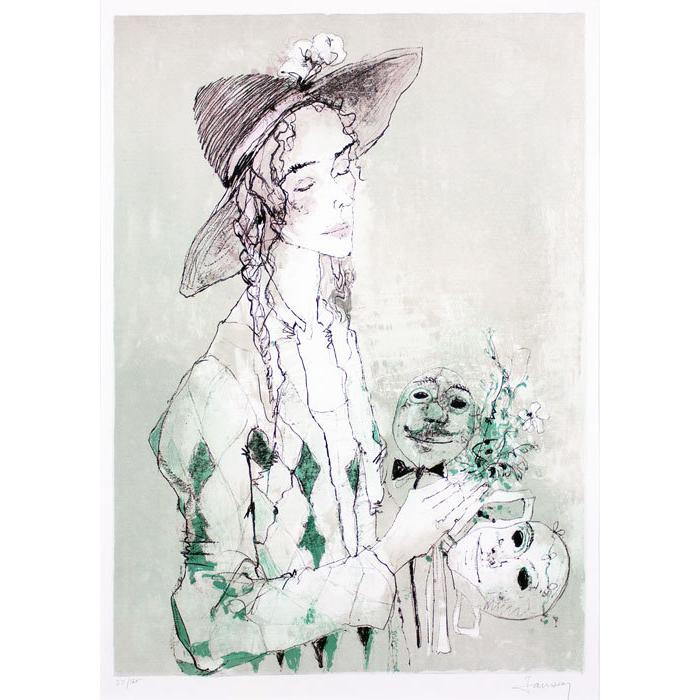 売約済 「ジャン.ジャンセン」黄色い服の女 リトグラフ ED/自筆サイン