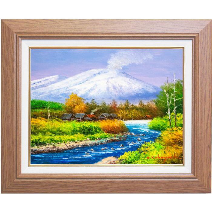 手書き油絵 色づく湖と山 額付き 肉筆絵画 インテリア 油彩画 手書き