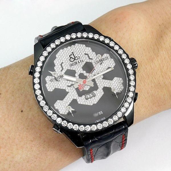 Jacob&co ブラックレザーバンド 20 ファイブタイムゾーン Jacob&co