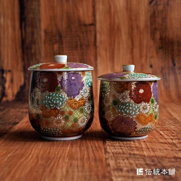九谷焼 蓋付夫婦湯呑 花詰 ペア ( 退職祝い 定年 夫婦湯のみ 夫婦
