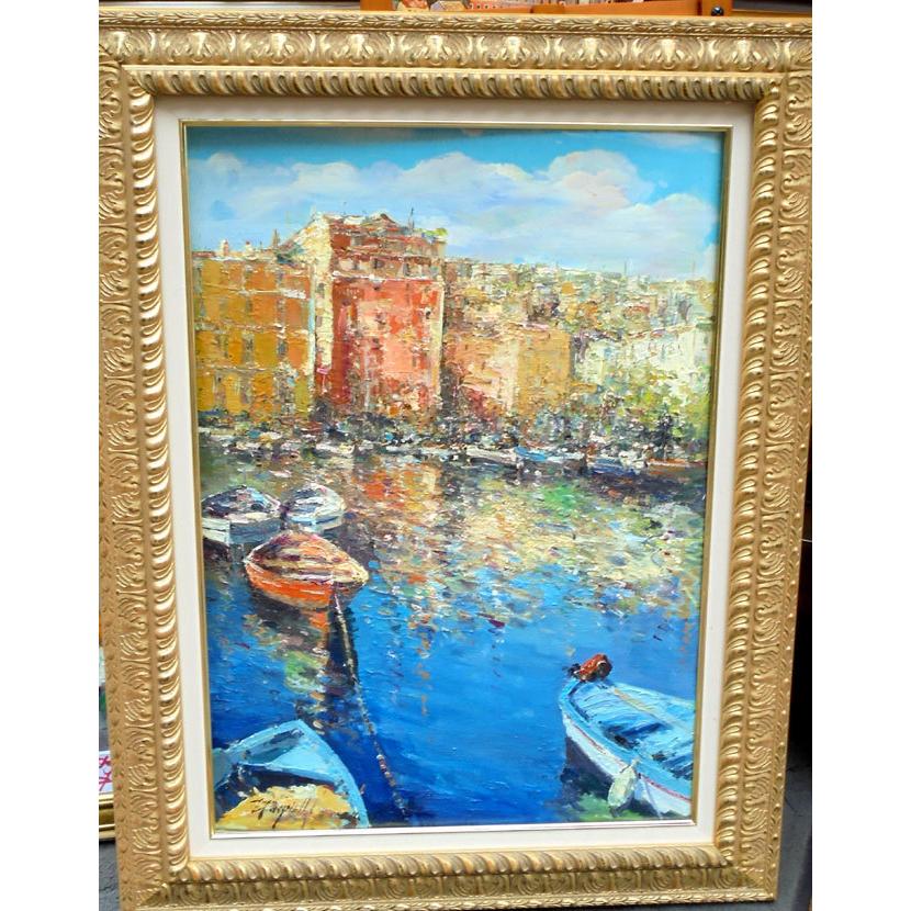 風景油絵 絵画 カンザネッラ 作 「イタリア風景・ナポリの港