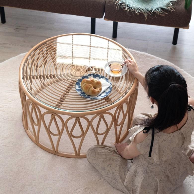 節約 【アンティーク】籐 ラタン ガラスローテーブル センターテーブル