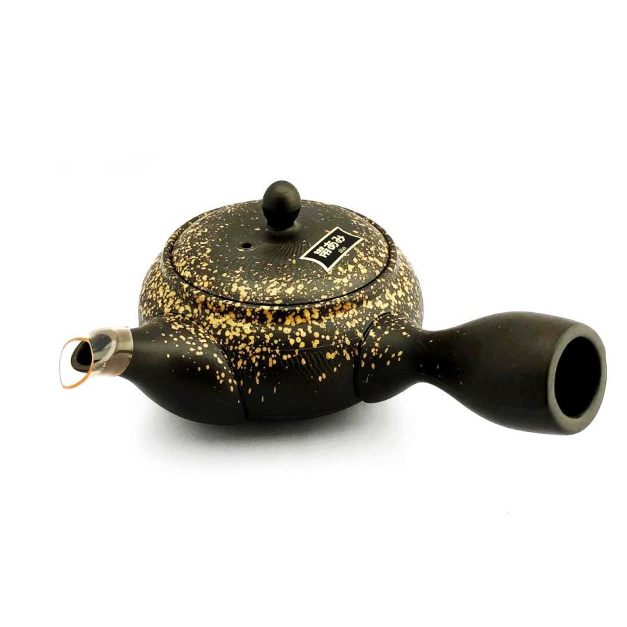 黒泥黄金吹き付け 飛び鉋紋様 常滑焼 晶 帯アミ急須 350cc 黒泥急須