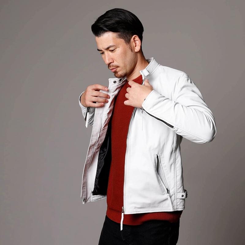 本革 ラムレザー】ホワイト シングルライダースジャケット メンズ