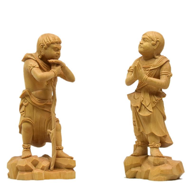 木彫り仏像 【二童子（制多迦・矜羯羅）】セット 柘植 立3.0寸 : 海宇
