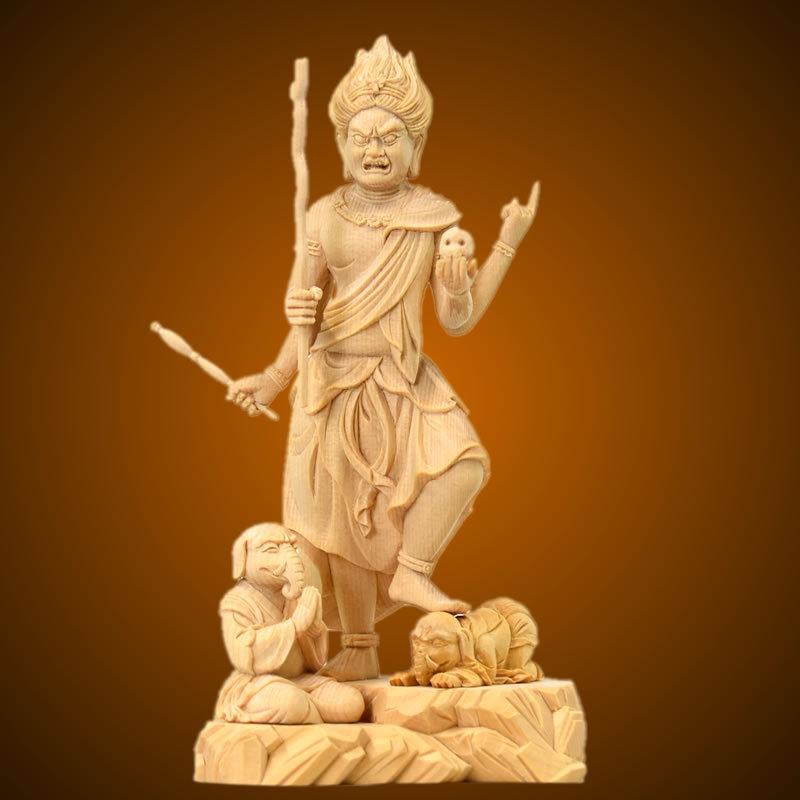 木彫り仏像 上彫【烏枢沙摩明王（うすさまみょうおう）四臂像】 桧木立